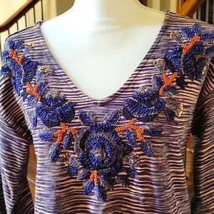 Soft Surroundings Women's Navy Multi Embellished with Velvet and Beads Top